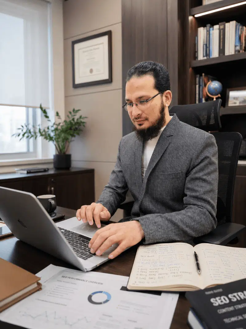Behzad Hussain reviewing a personal injury law firm client's SEO performance audit