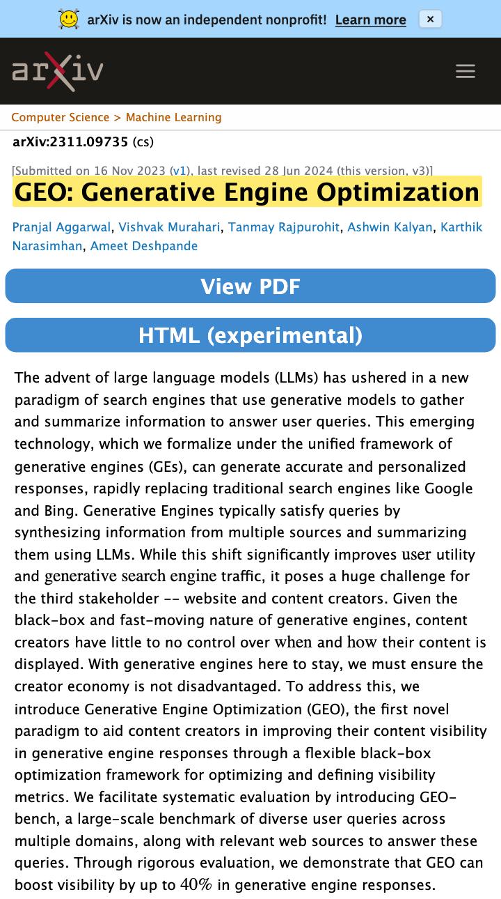Highlighted arXiv abstract page for Aggarwal, Murahari, Rajpurohit, Kalyan, Narasimhan, and Deshpande 2024 KDD paper GEO Generative Engine Optimization, arXiv 2311.09735, with the paper title highlighted and the abstract's 40 percent visibility gain finding visible