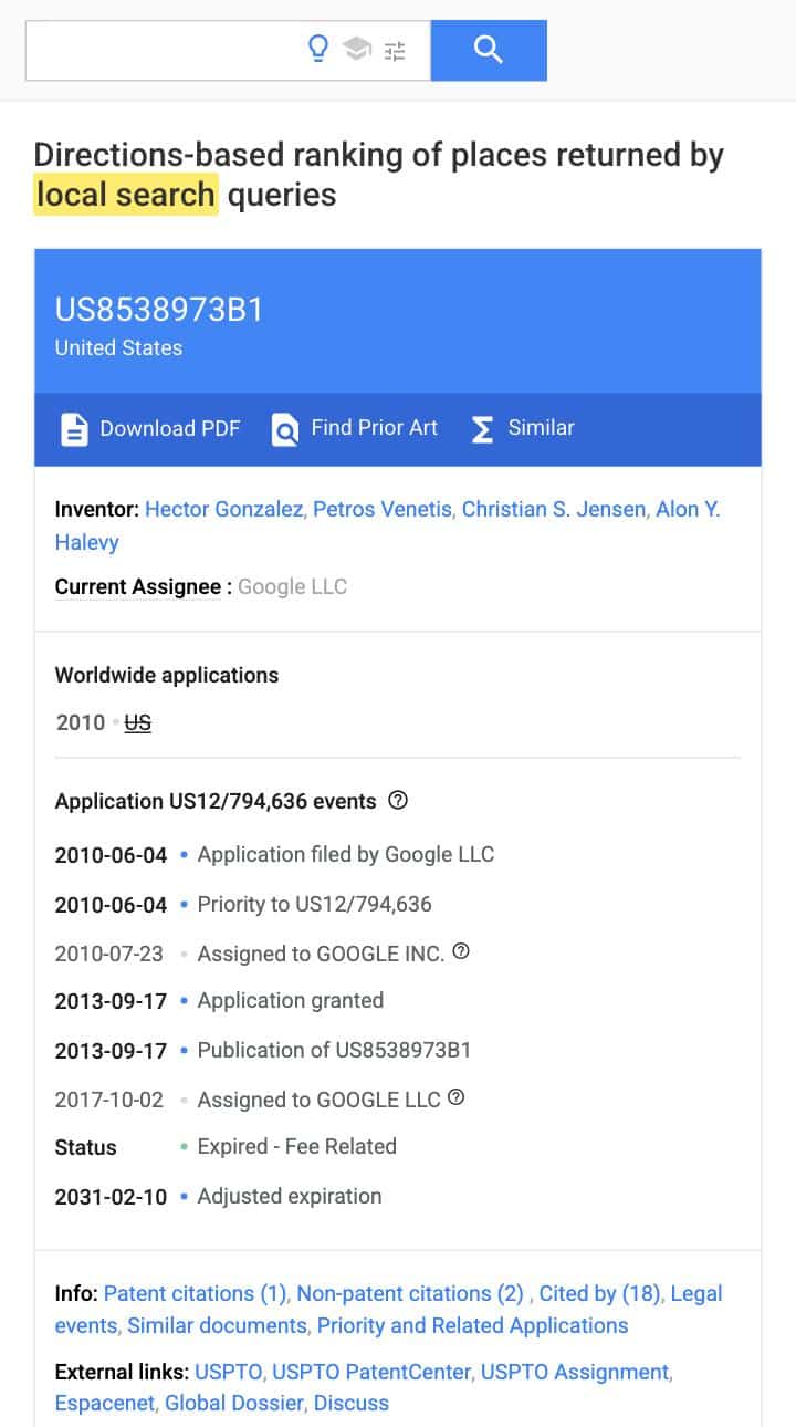 Highlighted patent record for US Patent 8,538,973 B1, Directions-based ranking of places returned by local search queries, showing Google LLC as the current assignee and 2013 grant date