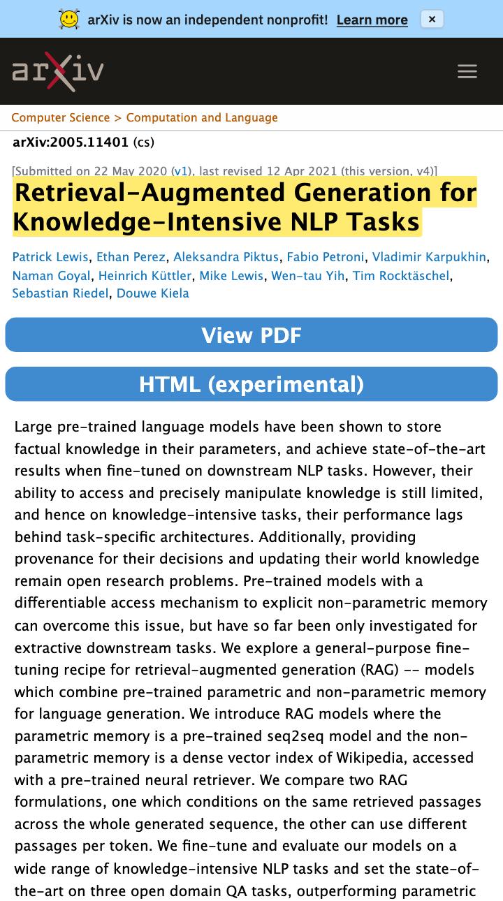 Highlighted arXiv abstract page for Lewis, Perez, Piktus, Petroni, Karpukhin, Goyal, Kuttler, Lewis, Yih, Rocktaschel, Riedel, and Kiela 2020 paper Retrieval-Augmented Generation for Knowledge-Intensive NLP Tasks, arXiv 2005.11401, showing the RAG architecture abstract