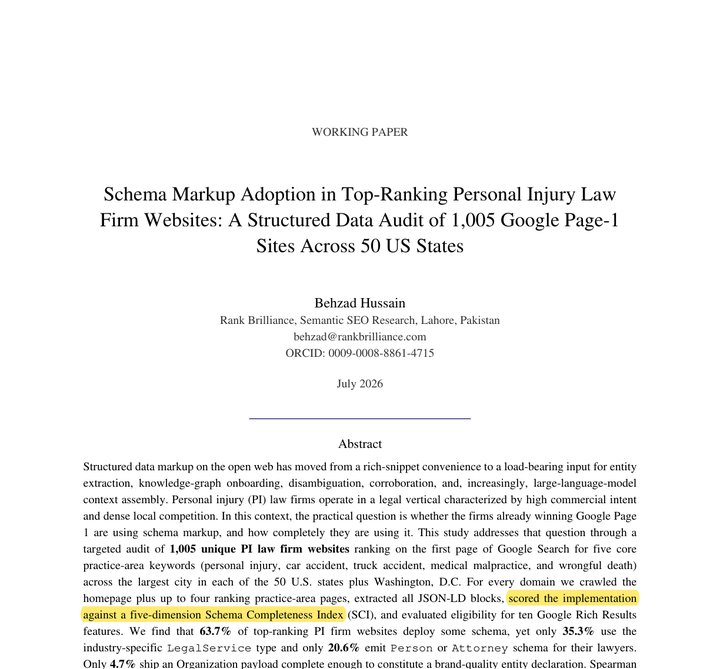 Highlighted abstract from Behzad Hussain 2026 Schema Markup Adoption in Top-Ranking PI Law Firms paper showing the five-dimension Schema Completeness Index methodology across 1,005 Google Page-1 sites in 50 US states, with findings visible: 63.7 percent deploy some schema, 35.3 percent use LegalService, 20.6 percent emit Person or Attorney schema, and 4.7 percent ship a complete Organization payload