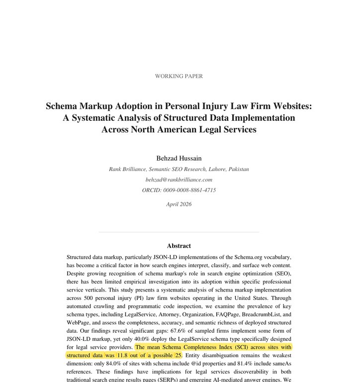 Highlighted abstract from Behzad Hussain 2026 Schema Markup Adoption paper showing the finding that mean Schema Completeness Index across sites with structured data was 11.8 out of a possible 25