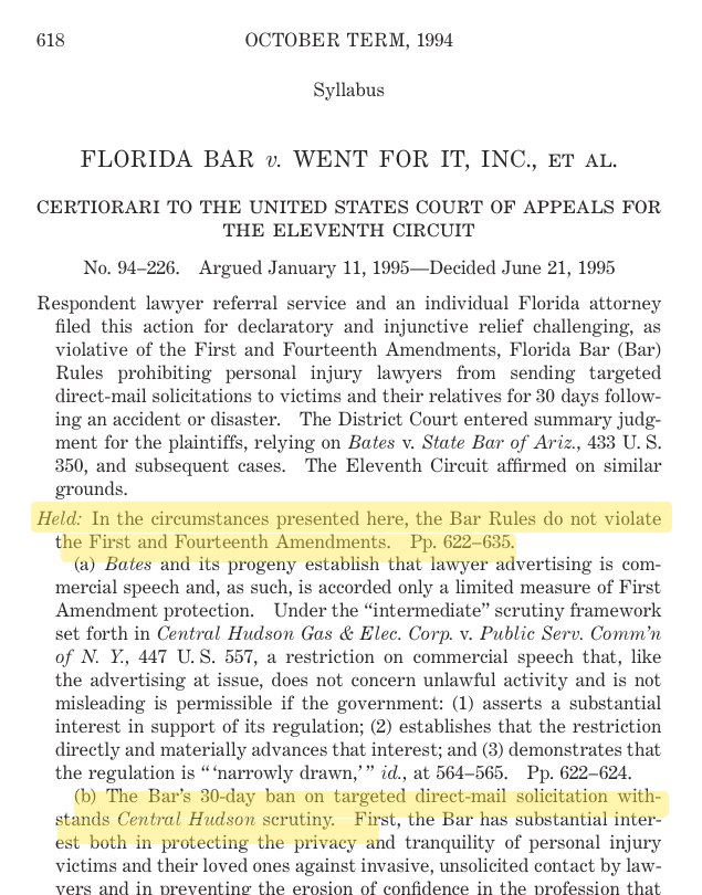 Official United States Reports syllabus page for Florida Bar v. Went For It, Inc., 515 U.S. 618, with the holding highlighted in yellow that the Bar Rules do not violate the First and Fourteenth Amendments and that the 30 day direct mail ban withstands Central Hudson scrutiny