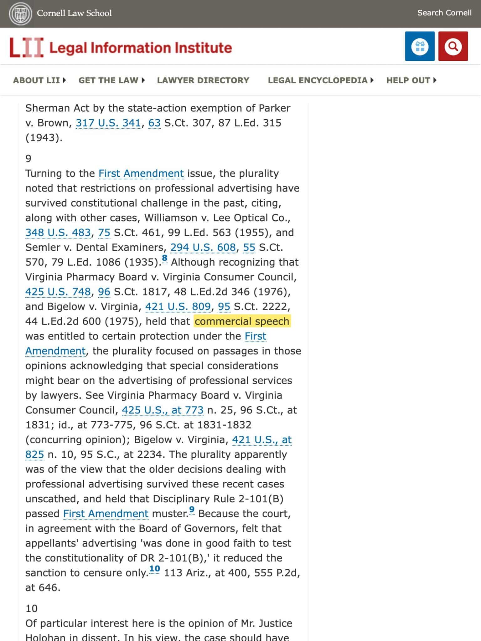 Cornell Law School Legal Information Institute page for Bates v. State Bar of Arizona, 433 US 350, with the phrase commercial speech highlighted in yellow inside the First Amendment holding sentence