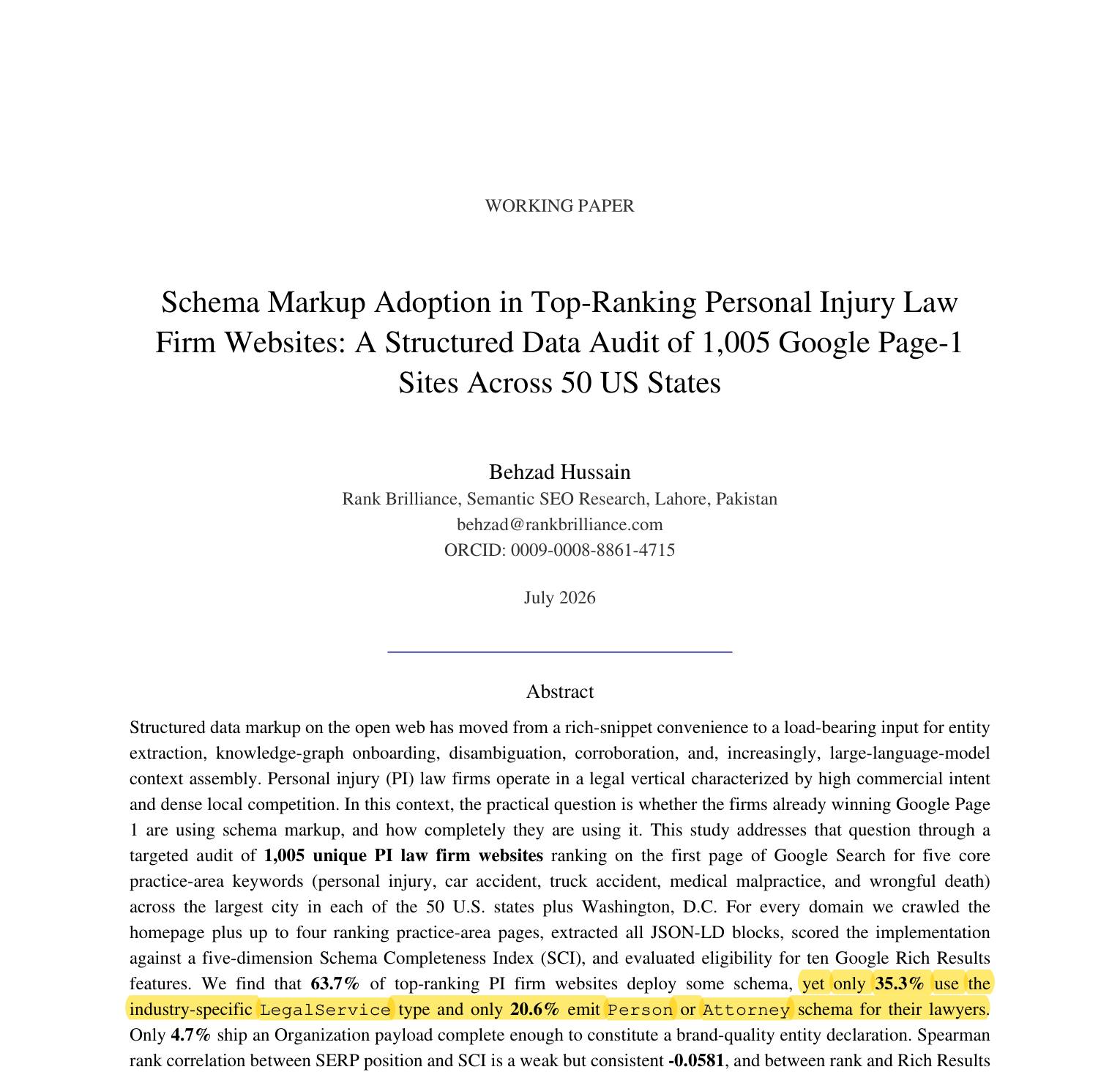 Highlighted study finding: 35.3 percent of top-ranking PI firm sites use LegalService schema and 20.6 percent mark up their attorneys