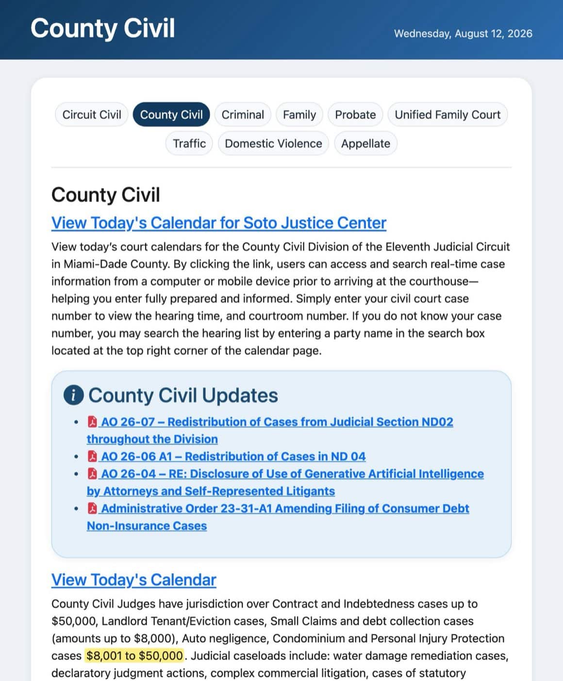Highlighted Eleventh Judicial Circuit County Civil page showing jurisdiction over cases from $8,001 to $50,000 in Miami-Dade County
