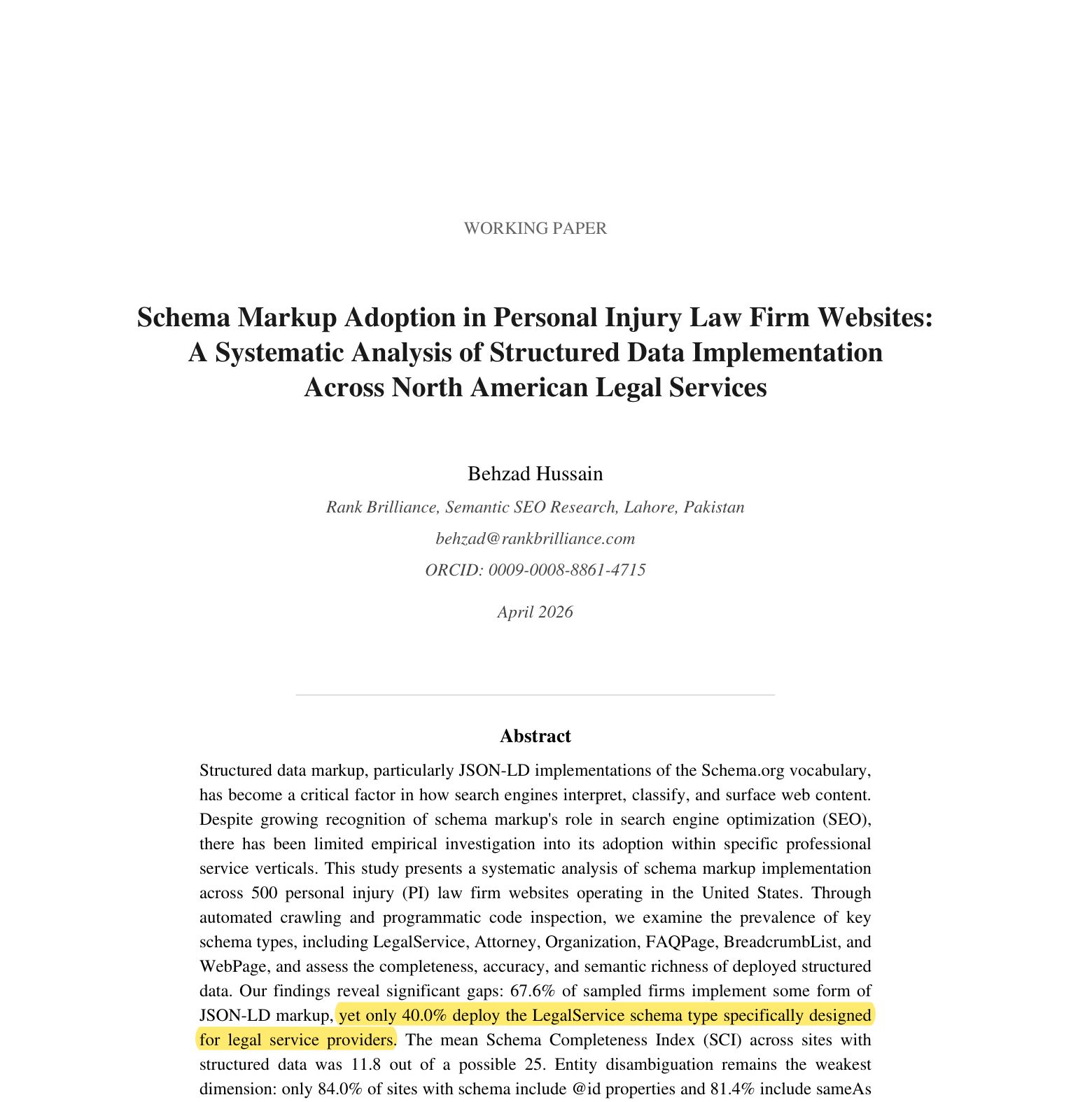 Highlighted passage from the 500-firm study showing only 40.0 percent deploy the LegalService schema type