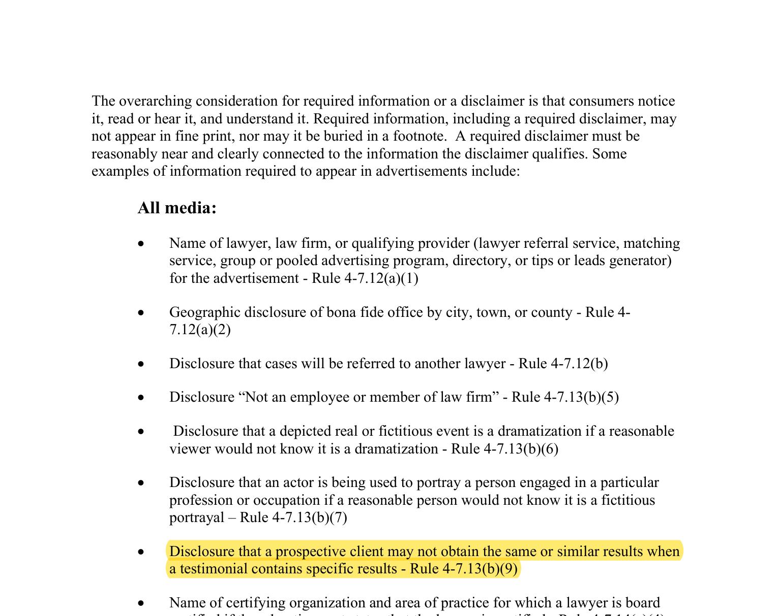 Highlighted Florida Bar rule requiring a disclaimer that a prospective client may not obtain the same or similar results