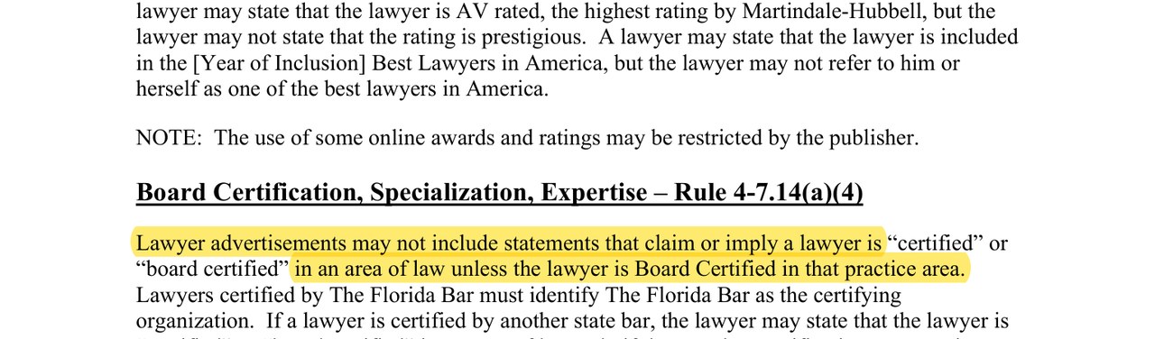 Highlighted Florida Bar rule barring advertisements that claim or imply a lawyer is certified or board certified in an area of law unless the lawyer is Board Certified in that practice area