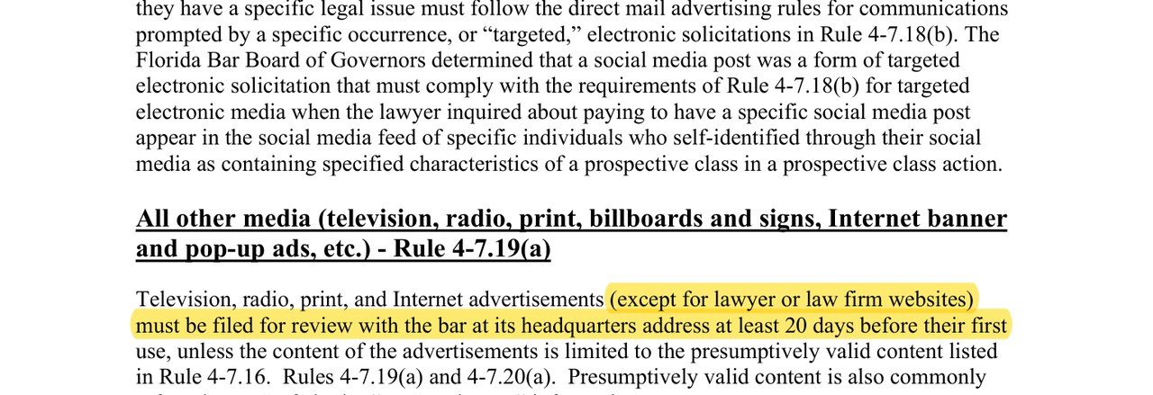 Highlighted Florida Bar rule exempting a lawyer's website from the advance-filing requirement