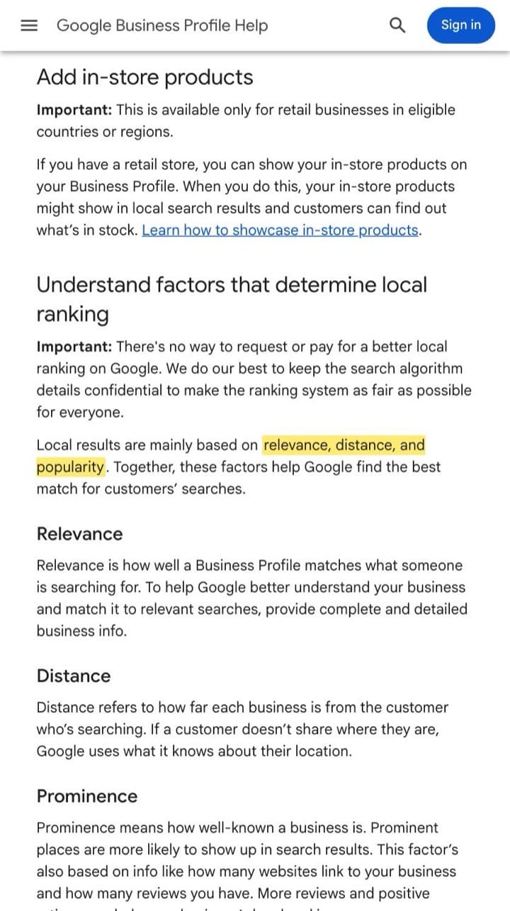 Highlighted Google Business Profile Help page stating local results are mainly based on relevance, distance, and prominence