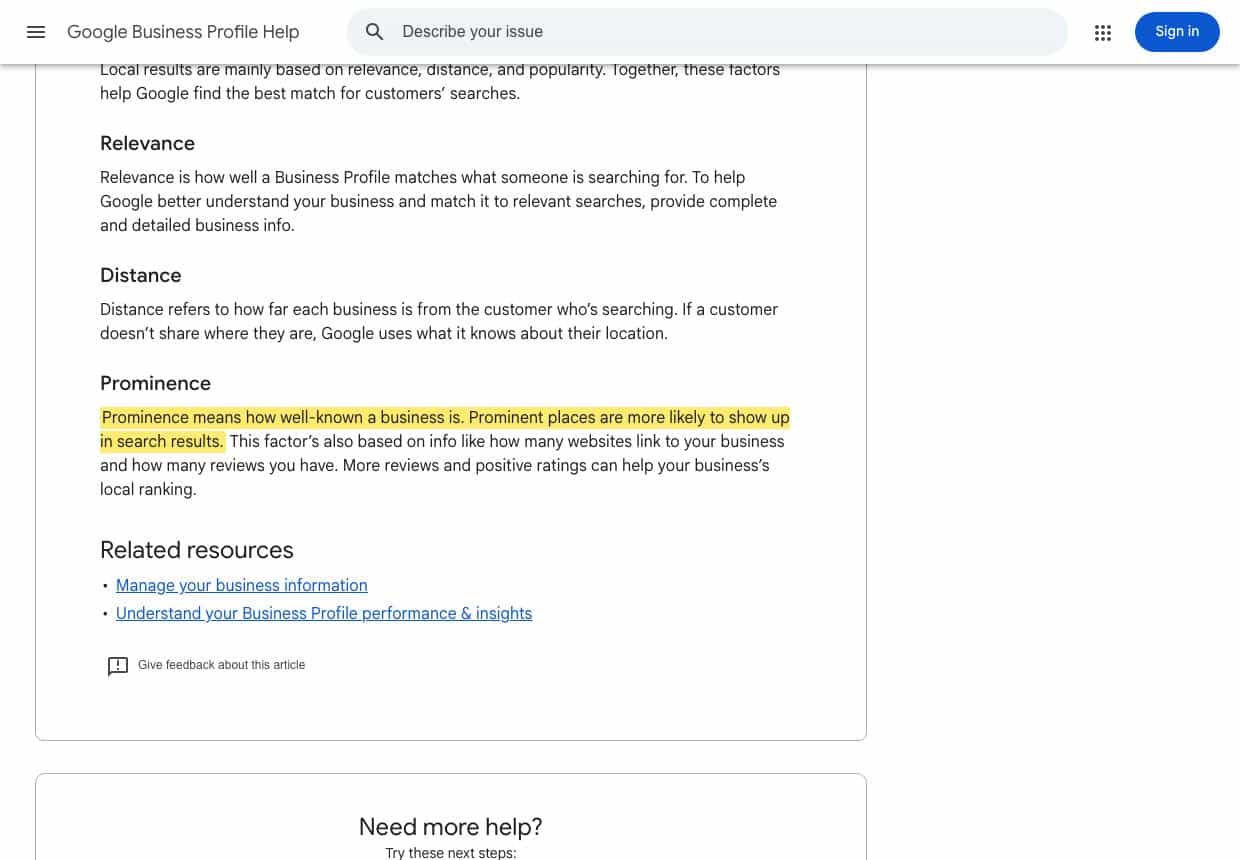 Google Business Profile Help page defining relevance, distance, and prominence, with the prominence definition highlighted
