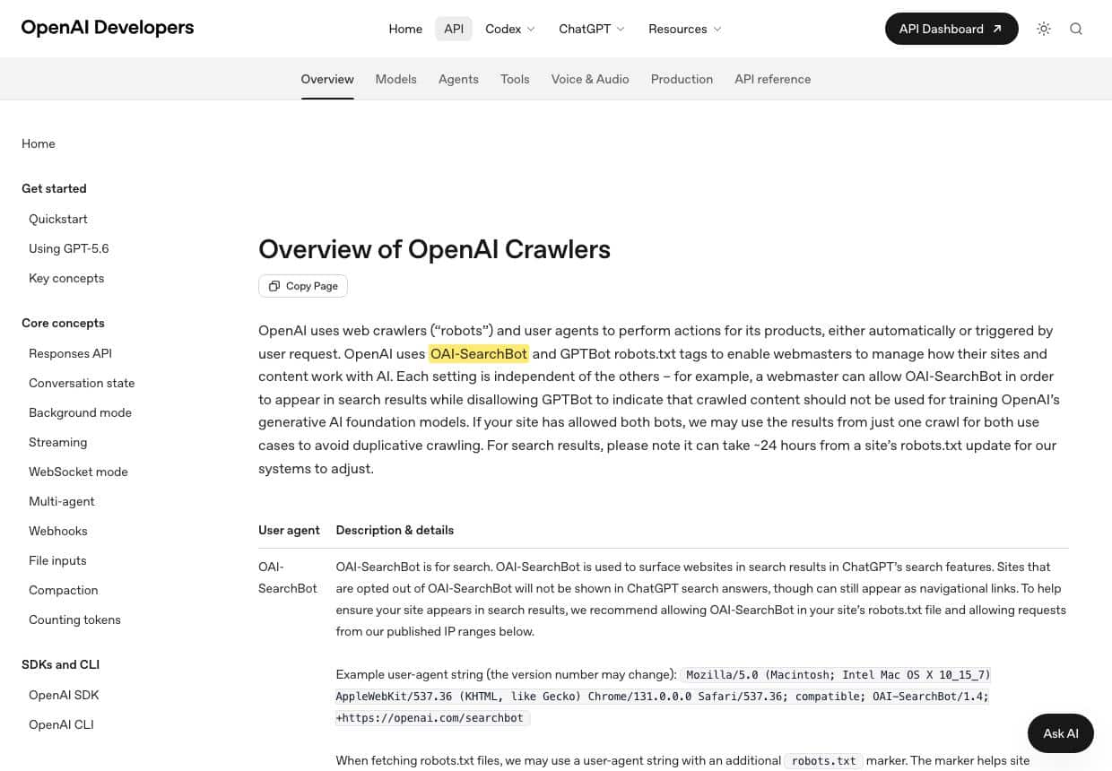 OpenAI's crawler documentation page naming OAI-SearchBot as the ChatGPT search crawler, highlighted
