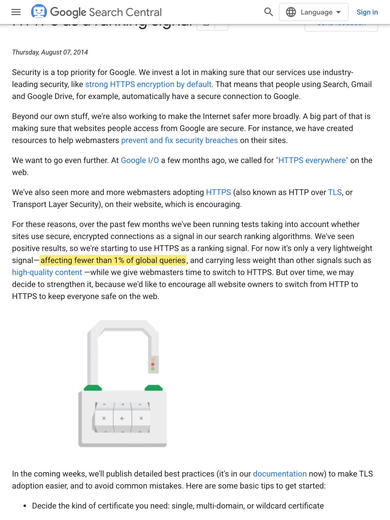 Google Search Central Blog post HTTPS as a Ranking Signal from August 7, 2014, with the phrase highlighted in yellow: affecting fewer than 1 percent of global queries