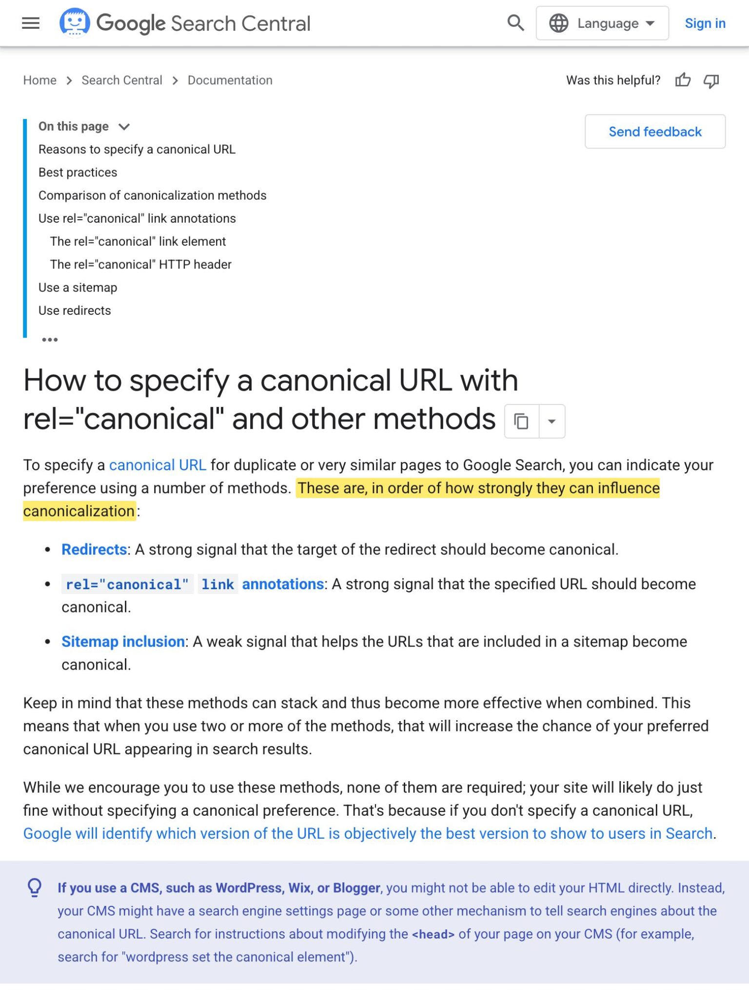 Google Search Central canonical URL guide with the sentence highlighted in yellow: these are, in order of how strongly they can influence canonicalization, above the redirects, rel canonical, and sitemap signal list