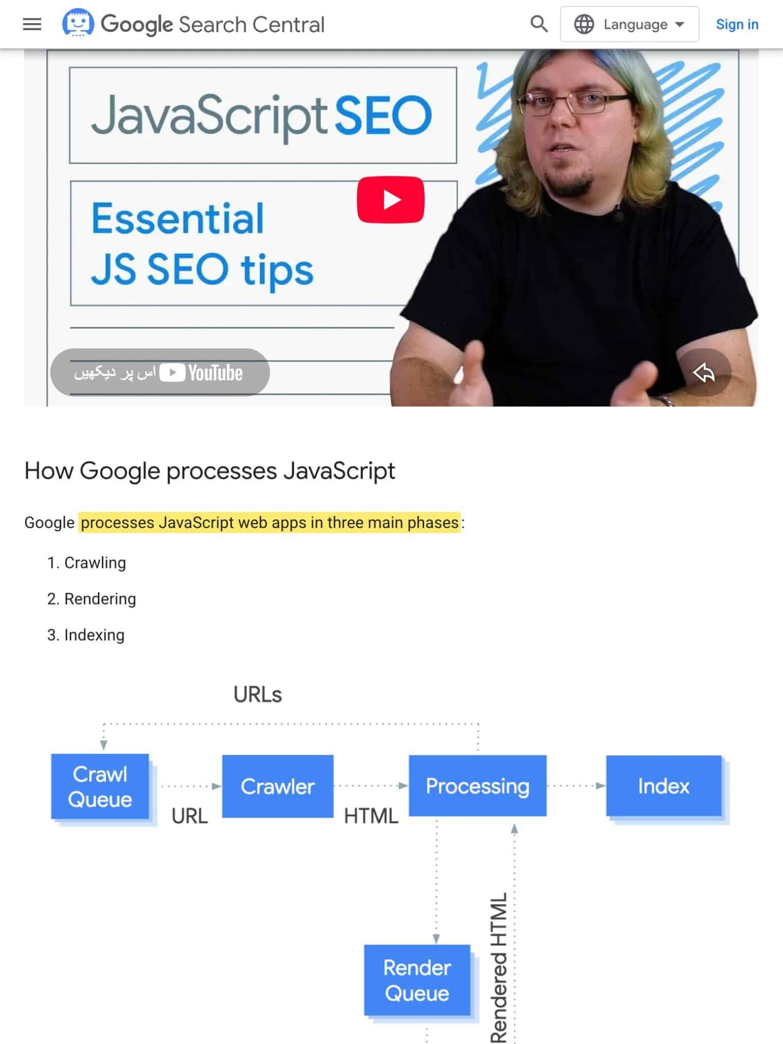 Google Search Central JavaScript SEO basics page with the sentence highlighted in yellow: Google processes JavaScript web apps in three main phases, above the crawling rendering indexing diagram