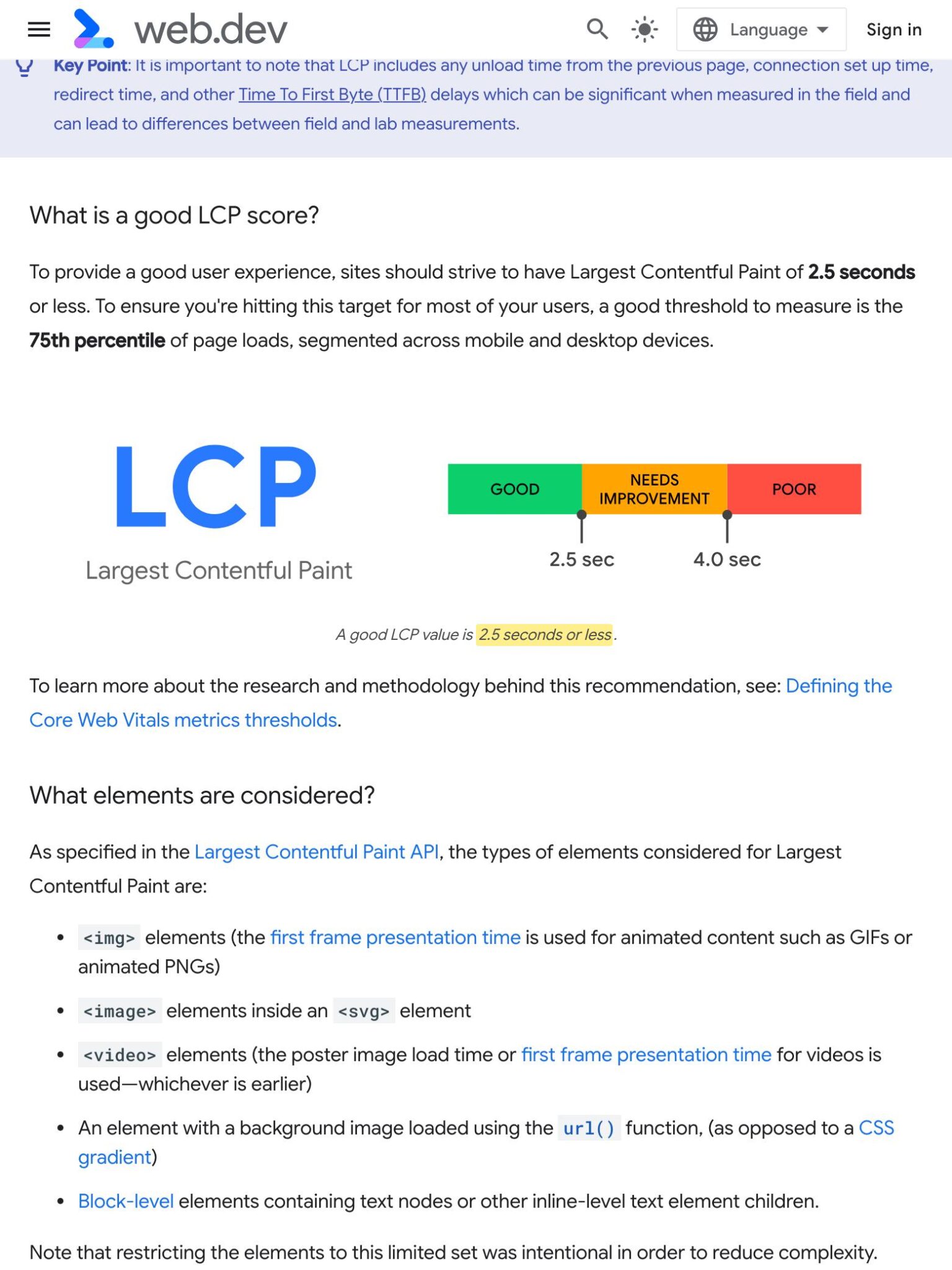 web.dev Largest Contentful Paint page with the phrase 2.5 seconds or less highlighted in yellow under the LCP threshold scale showing Good under 2.5 seconds and Poor over 4 seconds