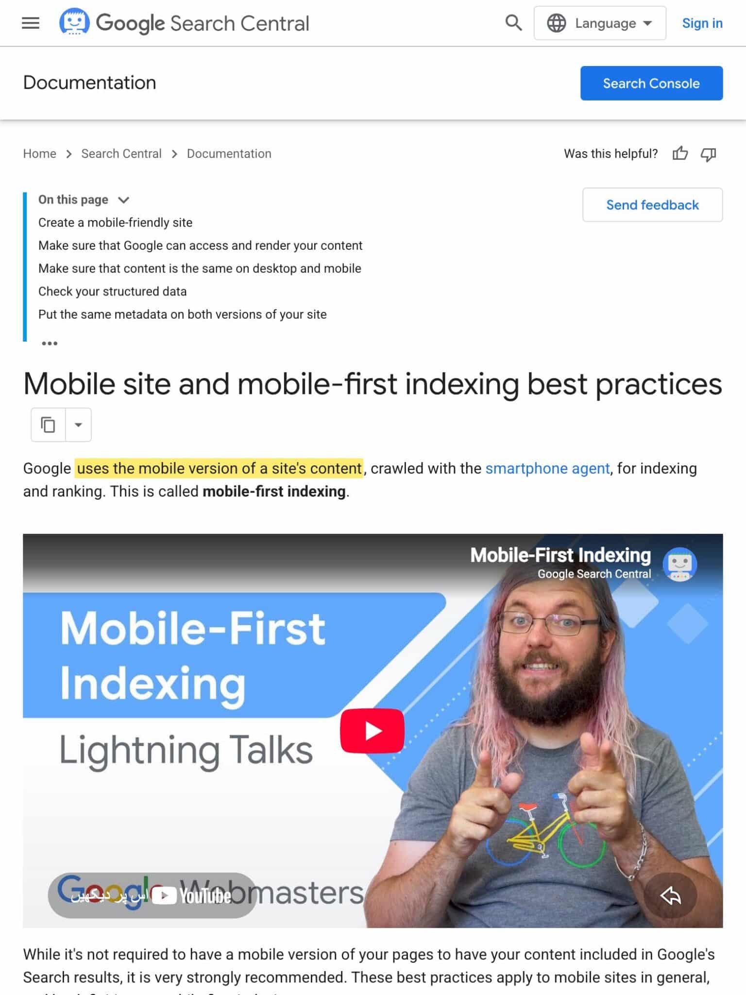 Google Search Central mobile-first indexing best practices page with the phrase highlighted in yellow: uses the mobile version of a site's content, crawled with the smartphone agent, for indexing and ranking