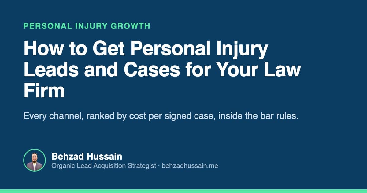 Guide title card: How to Get Personal Injury Leads and Cases for Your Law Firm, by Behzad Hussain, Organic Lead Acquisition Strategist