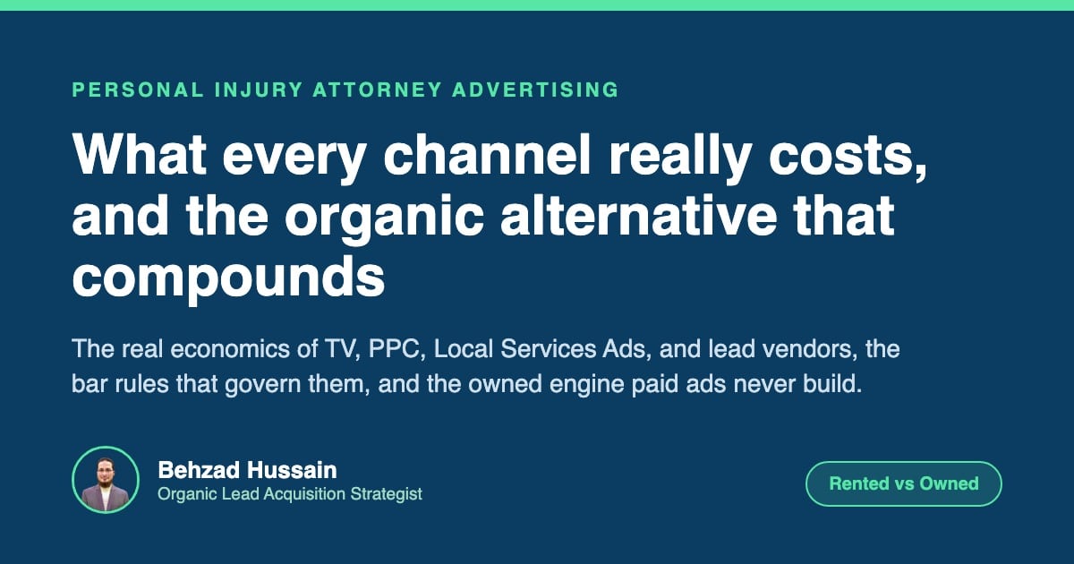Title card for the personal injury attorney advertising guide: the real economics of TV, PPC, Local Services Ads and lead vendors, the bar rules that govern them, and the owned engine paid ads never build