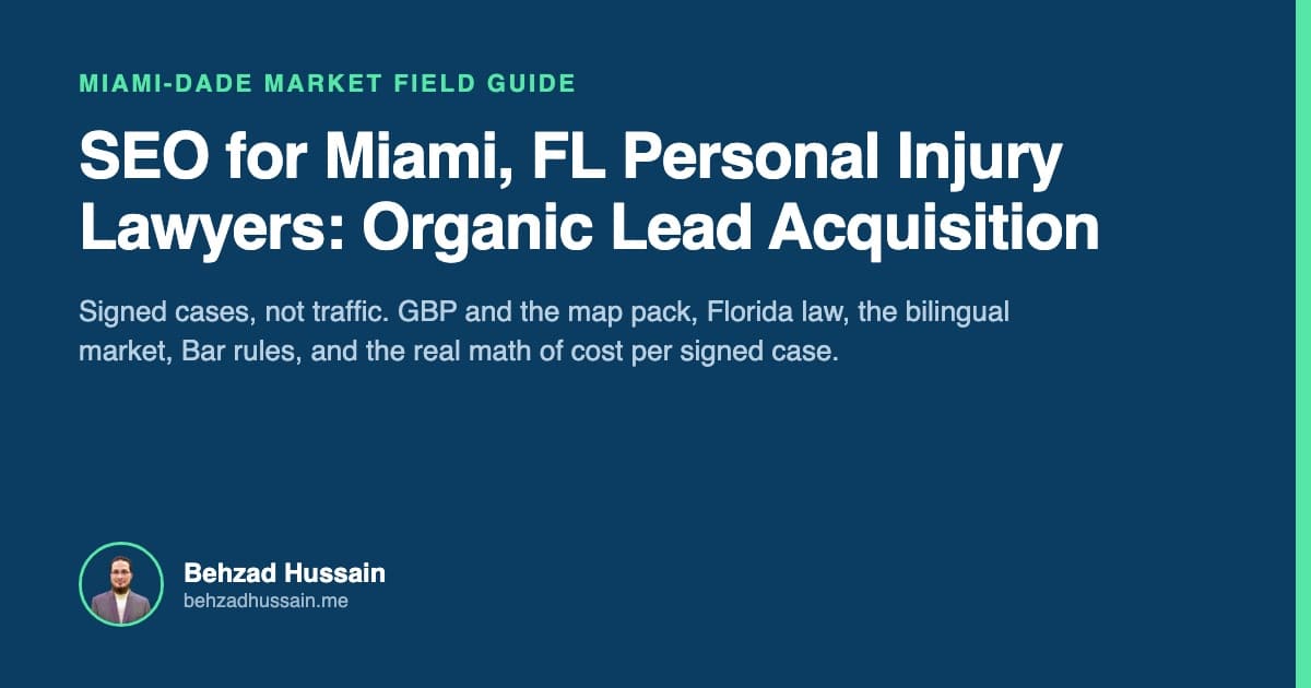 Title card for this guide: SEO for Miami, FL Personal Injury Lawyers, Organic Lead Acquisition, by Behzad Hussain