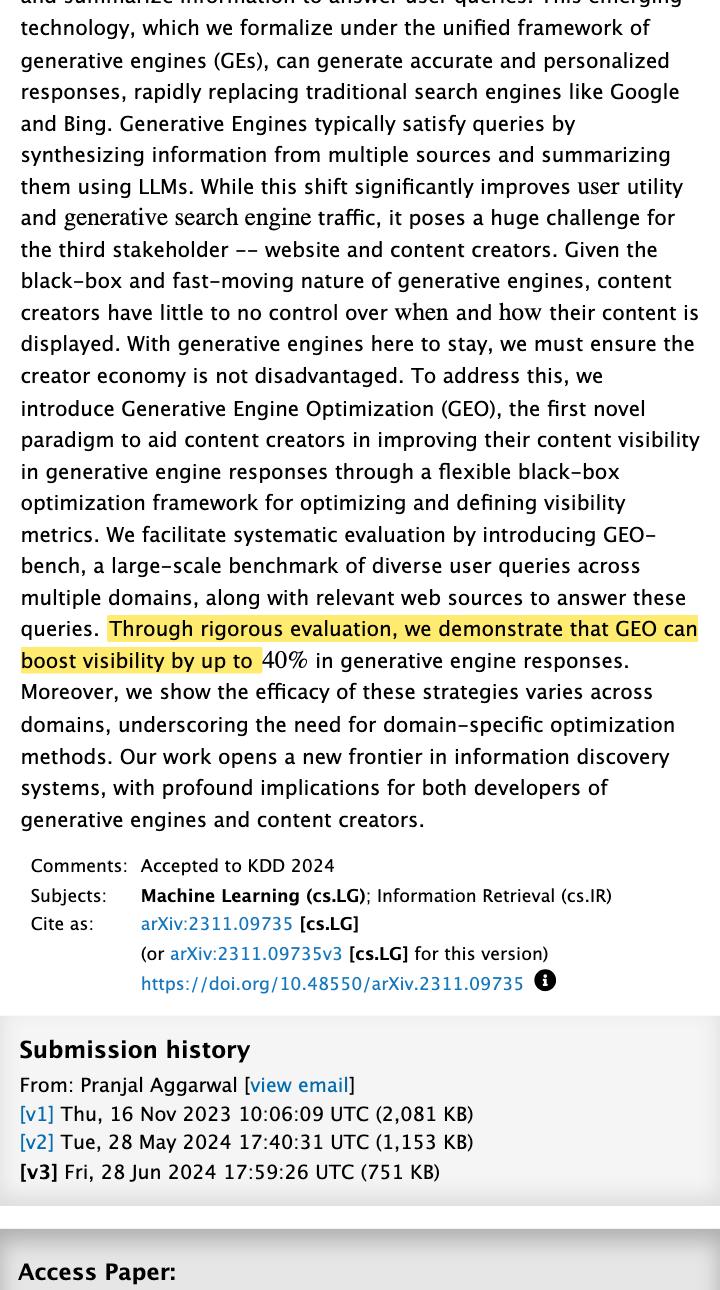 arXiv abstract page for GEO: Generative Engine Optimization, arXiv 2311.09735, accepted to KDD 2024, with the sentence stating that through rigorous evaluation GEO can boost visibility by up to 40 percent in generative engine responses highlighted in yellow. Submission history shows first author Pranjal Aggarwal.