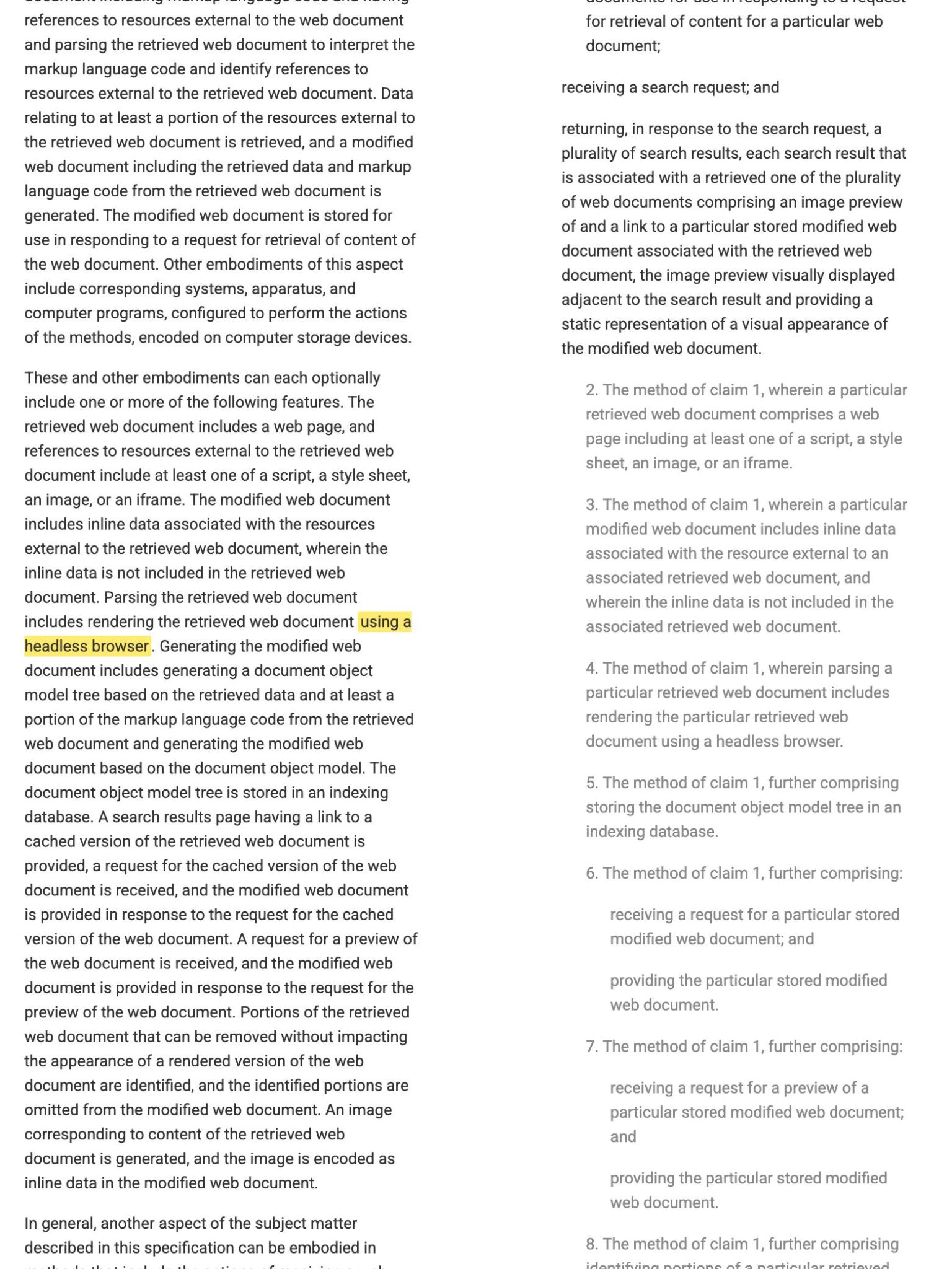 Google Patents page for US Patent 8,977,653 B1, Modifying Web Pages to Reduce Retrieval Latency, with the phrase highlighted in yellow: rendering the retrieved web document using a headless browser
