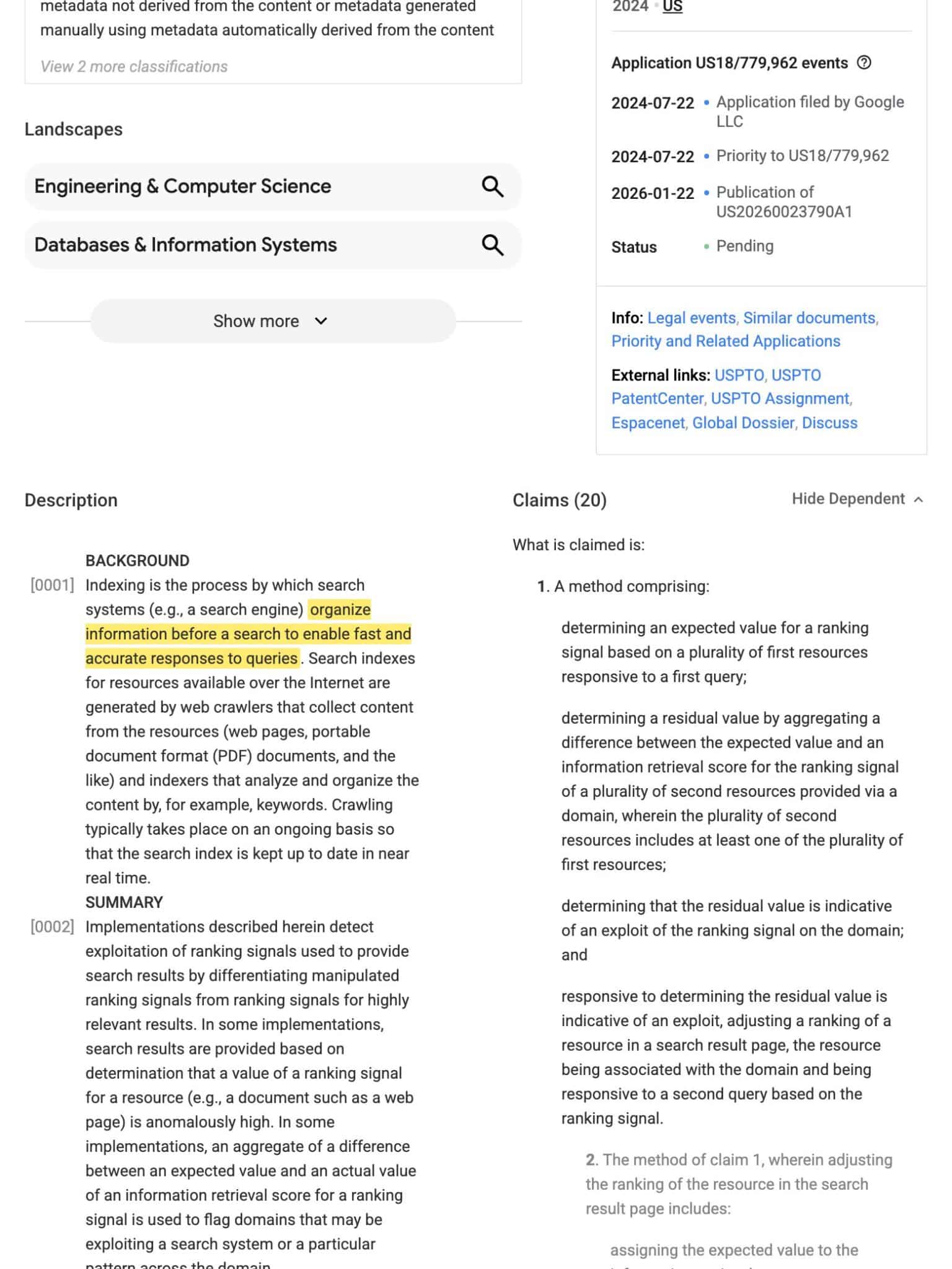 Google Patents page for US Patent Application 20260023790A1, Detecting Signal Exploitation from Consistent Ranking Patterns, with the sentence highlighted in yellow: search systems organize information before a search to enable fast and accurate responses to queries