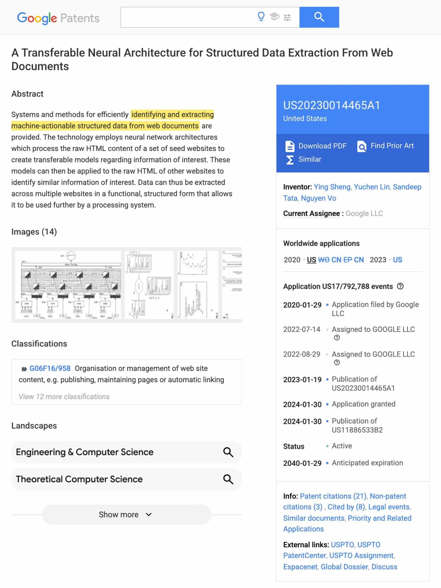 Google Patents page for US Patent Application 20230014465A1, A Transferable Neural Architecture for Structured Data Extraction from Web Documents, with the abstract sentence highlighted in yellow about identifying and extracting machine-actionable structured data