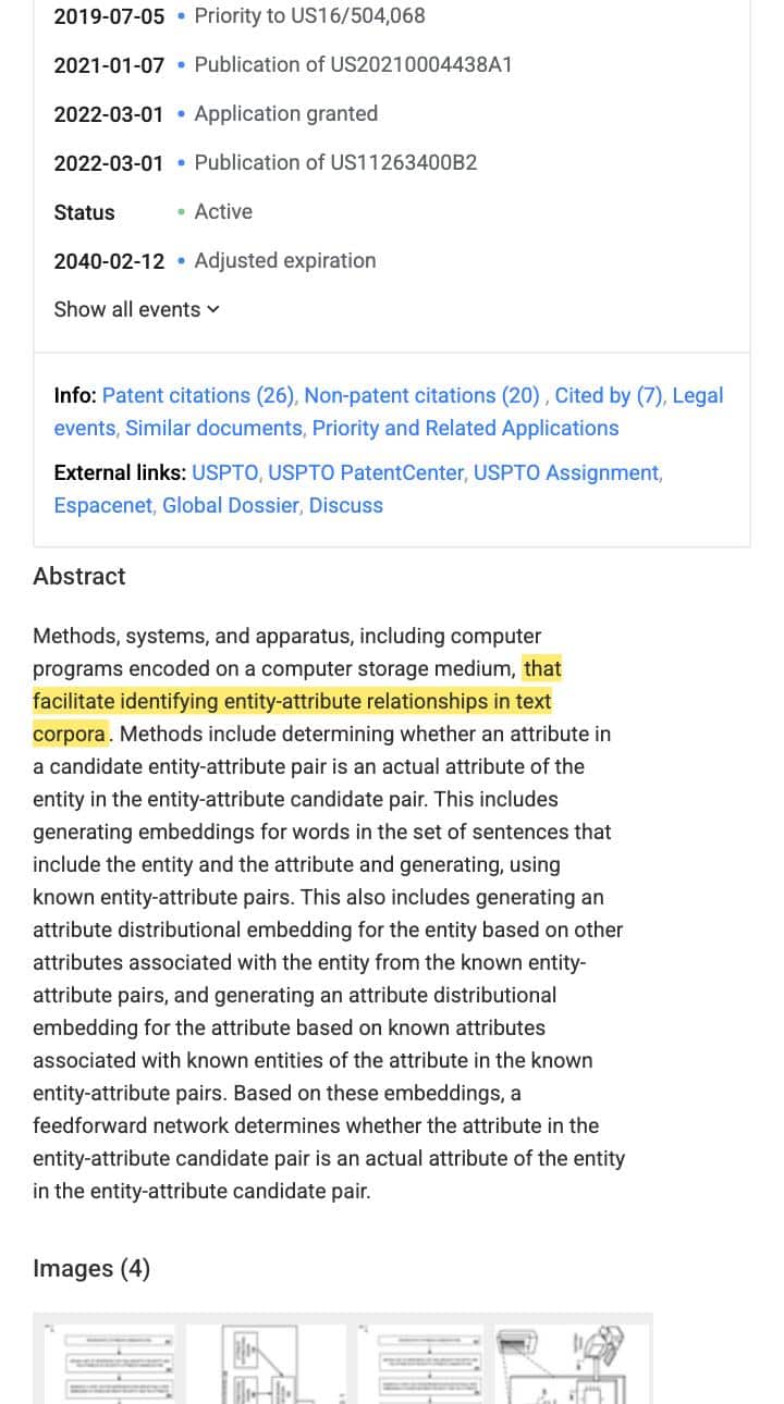Google Patents record for US Patent 11,263,400 B2, Identifying Entity Attribute Relations, with the abstract clause about facilitating identification of entity attribute relationships in text corpora highlighted in yellow. The record shows grant date March 2022 and active status.