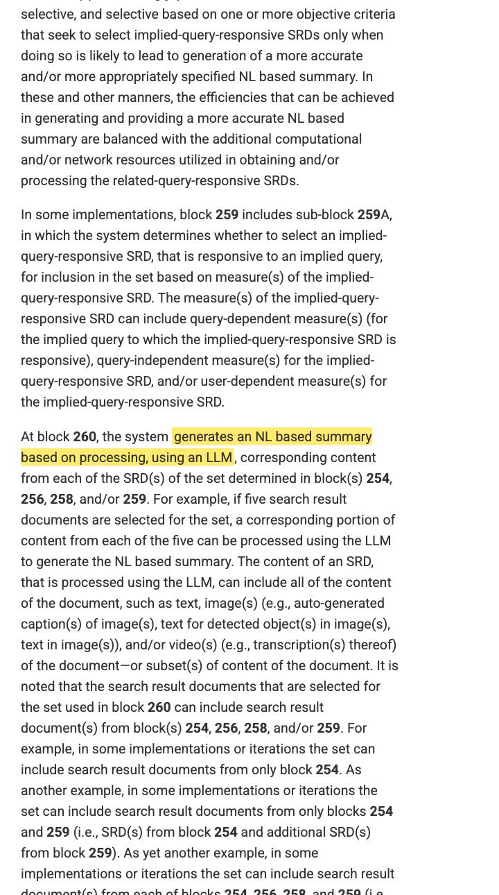 Google Patents record for US Patent 11,900,068 B1, Generative Summaries for Search Results, with the method description sentence stating the system generates a natural language based summary by processing, using an LLM, corresponding content from each of the search result documents highlighted in yellow.