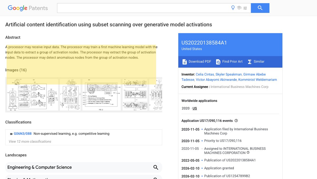 Screenshot of Google Patents page US2022/0138584 A1 titled Artificial Content Identification Using Subset Scanning Over Generative Model Activations by IBM with the abstract paragraph highlighted in yellow