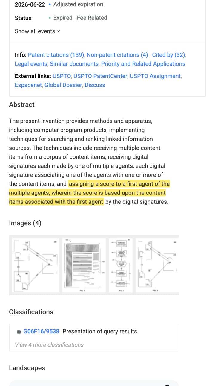Google Patents record for US Patent 7,565,358 B2, Agent Rank, with the abstract language about assigning a score to an agent based on the content items associated with that agent by digital signatures highlighted in yellow. Grant date 2009 visible in the timeline.