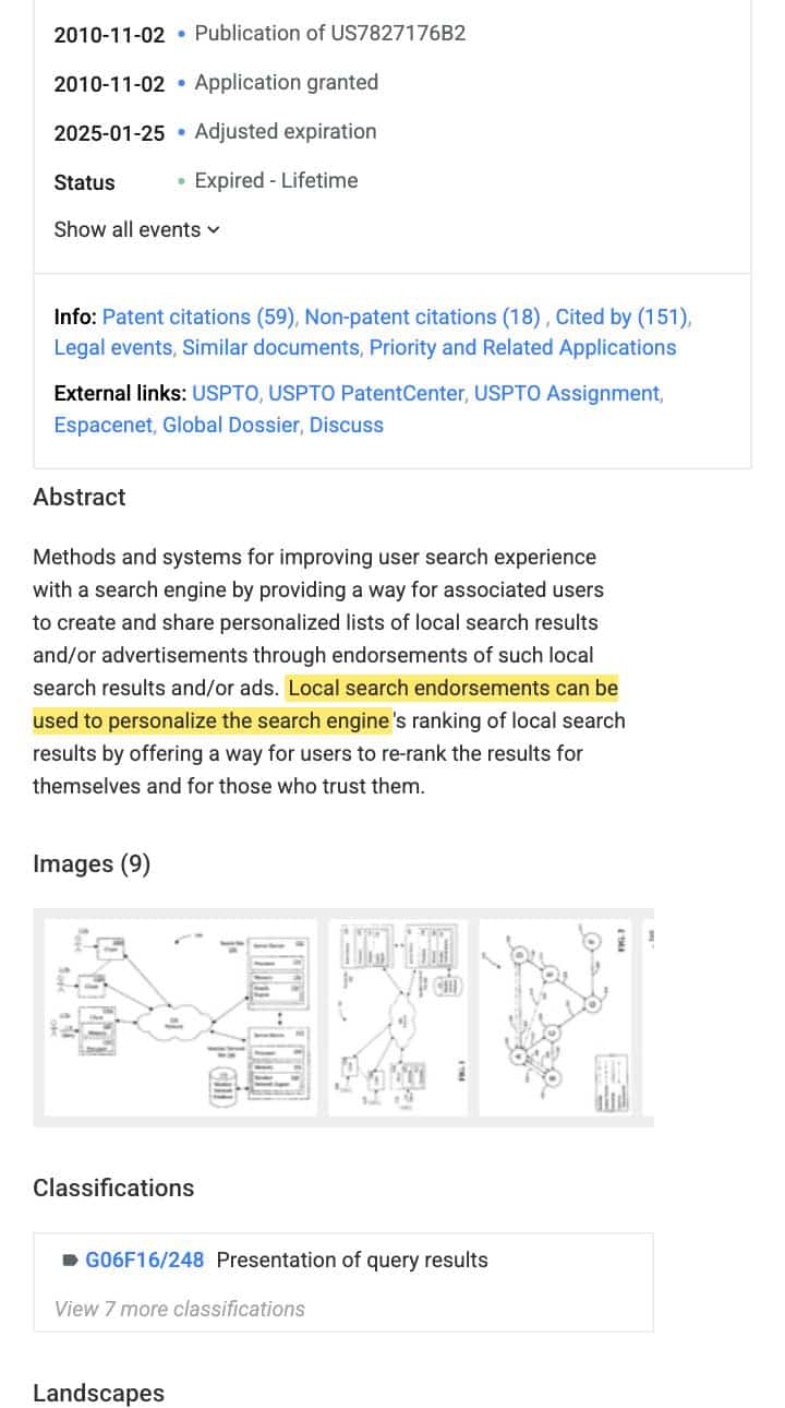 Google Patents record for US Patent 7,827,176 B2, Methods and Systems for Endorsing Local Search Results, with the abstract sentence stating that local search endorsements can be used to personalize the search engine's ranking of local search results highlighted in yellow. Grant date 2010 visible in the timeline.