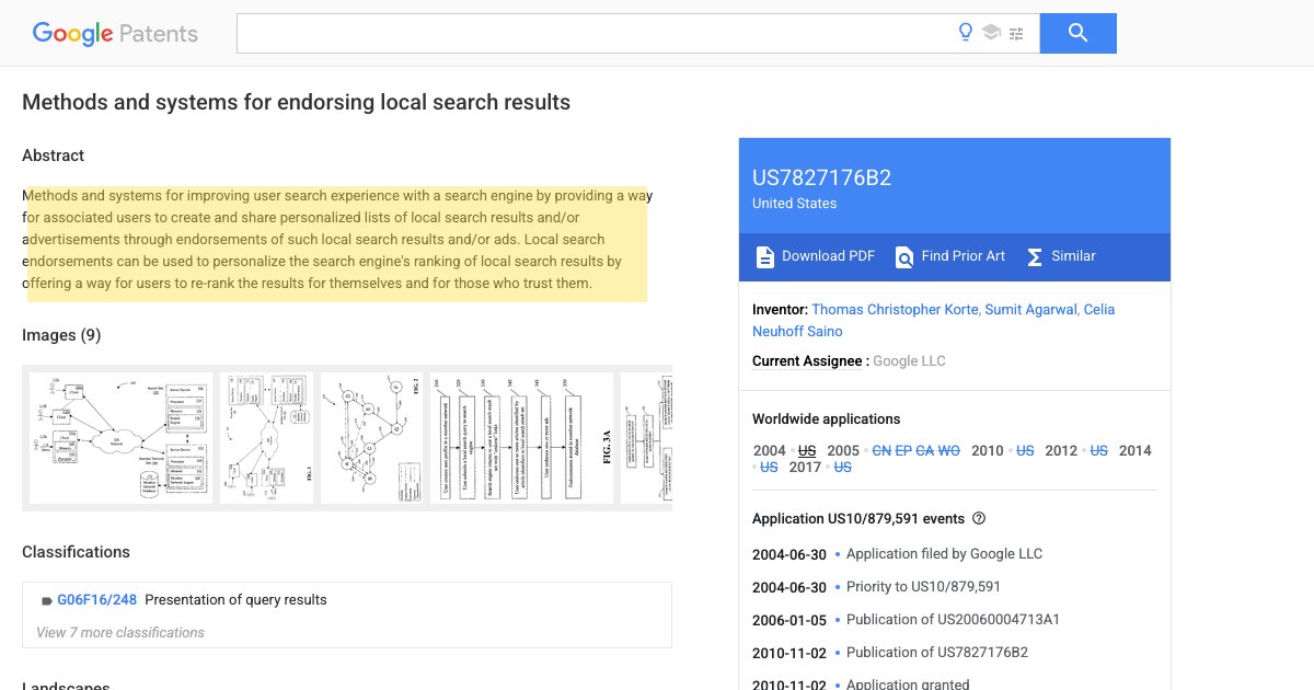Screenshot of Google Patents page US7827176B2 titled Methods and systems for endorsing local search results with the abstract paragraph highlighted in yellow explaining how endorsements personalize local search ranking