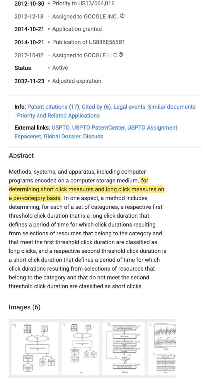 Google Patents record for US Patent 8,868,565 B1, Calibrating Click Duration According to Context, with the abstract sentence about determining short click measures and long click measures on a per category basis highlighted in yellow. The record shows assignment to Google LLC and grant date 2014.