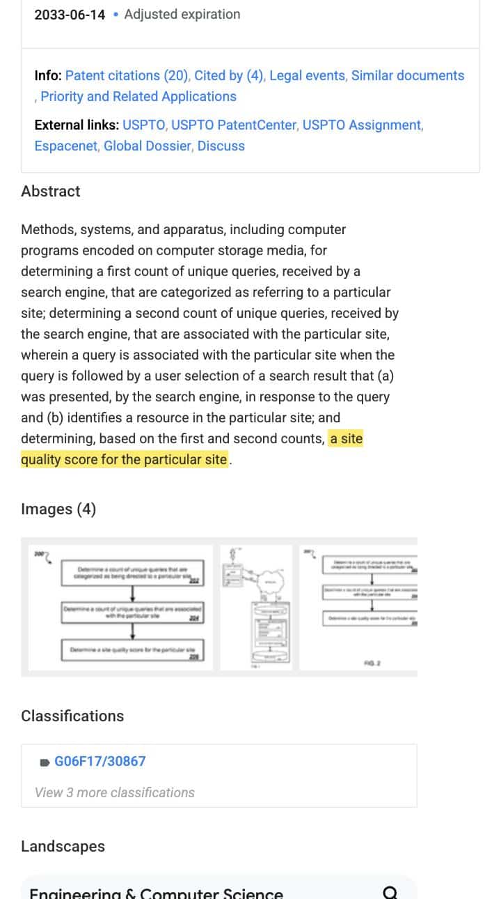 Google Patents record for US Patent 9,031,929 B1, Site Quality Score, with the abstract phrase about determining a site quality score for the particular site highlighted in yellow, alongside the patent's flow diagrams for computing the score from query and click counts.