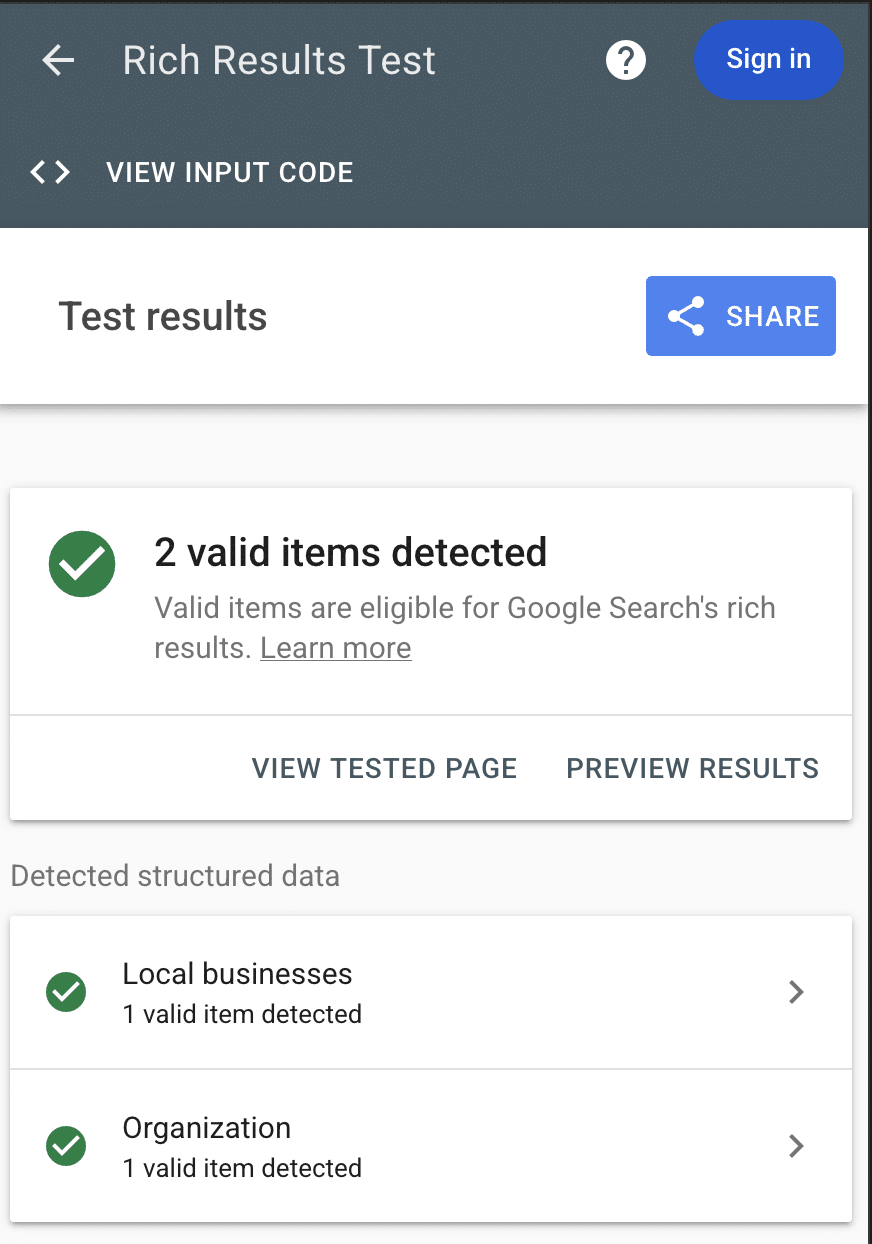 Google Rich Results Test result showing 2 valid items detected for the personal injury firm @graph: Local businesses and Organization, both eligible for rich results