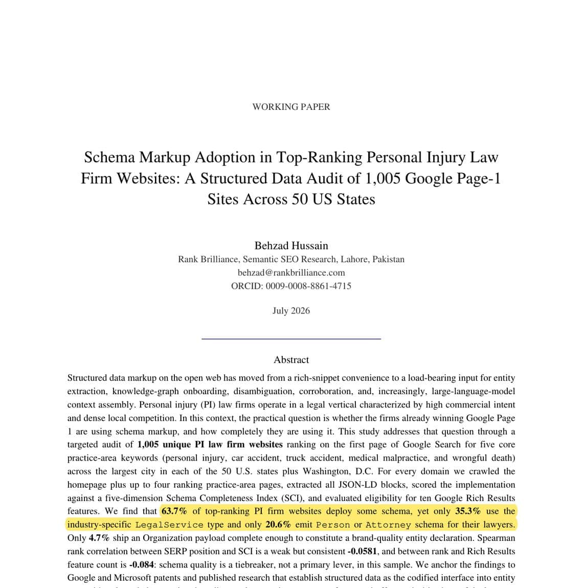First page of Behzad Hussain's July 2026 working paper auditing 1,005 Google Page 1 personal injury law firm websites, with the abstract sentence on 63.7 percent schema deployment, 35.3 percent LegalService, and 20.6 percent Person or Attorney adoption highlighted in yellow