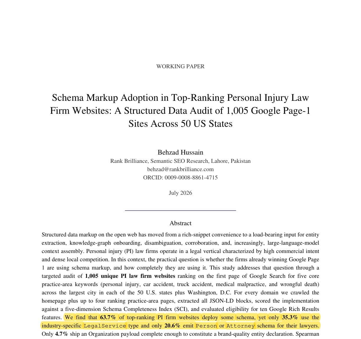 First page of Behzad Hussain's 1,005 site schema markup audit with the finding highlighted: 63.7 percent deploy some schema, 35.3 percent use LegalService, 20.6 percent emit Person or Attorney schema