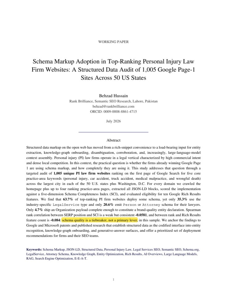 Abstract of Behzad Hussain's 1,005-firm schema audit, the tiebreaker finding highlighted