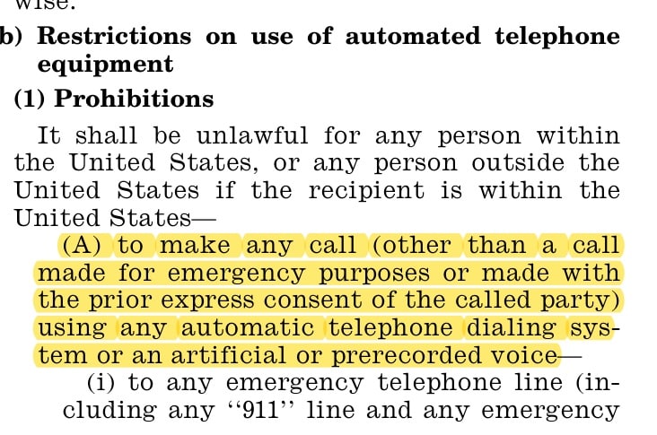 Official United States Code text of 47 U.S.C. 227(b)(1)(A) with the prior express consent clause for automated calls and texts highlighted