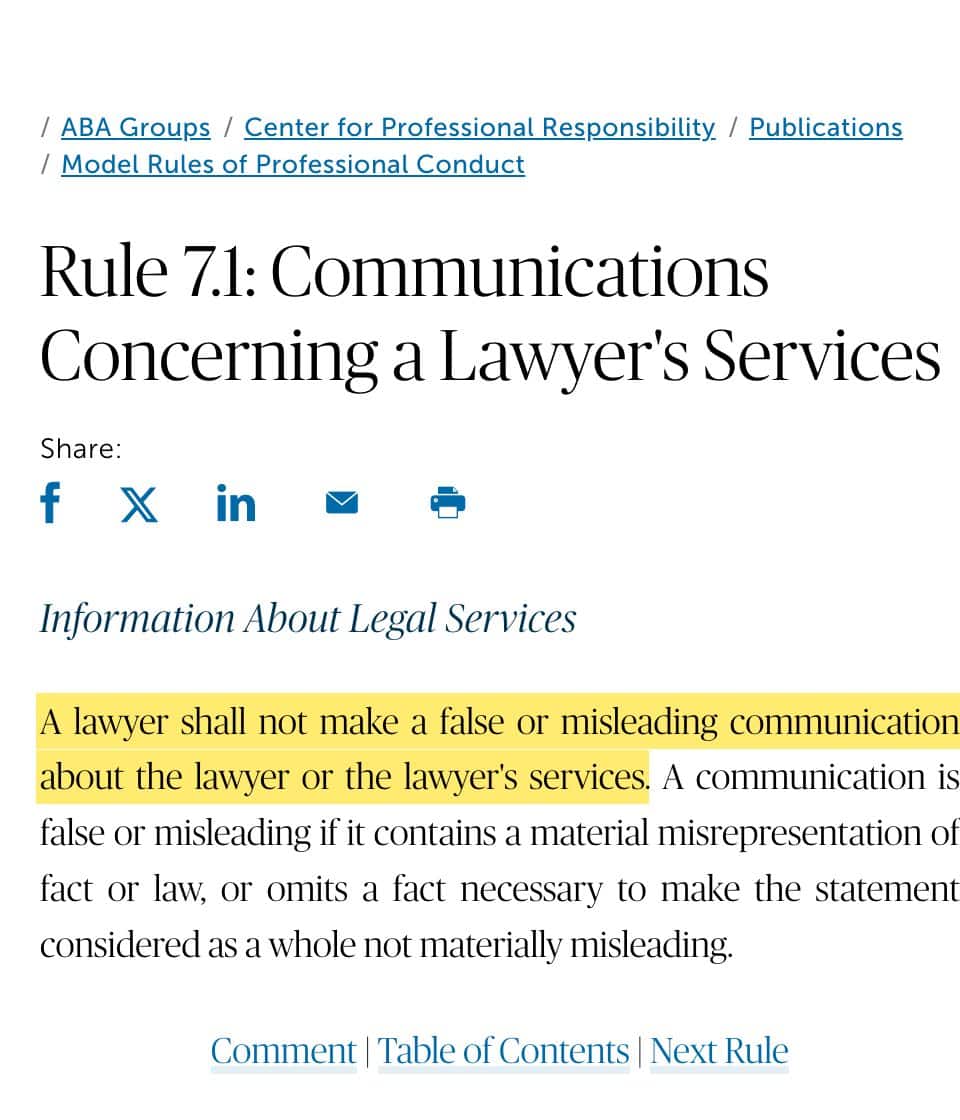Screenshot of ABA Model Rule 7.1 from americanbar.org with the sentence prohibiting false or misleading communication highlighted in yellow