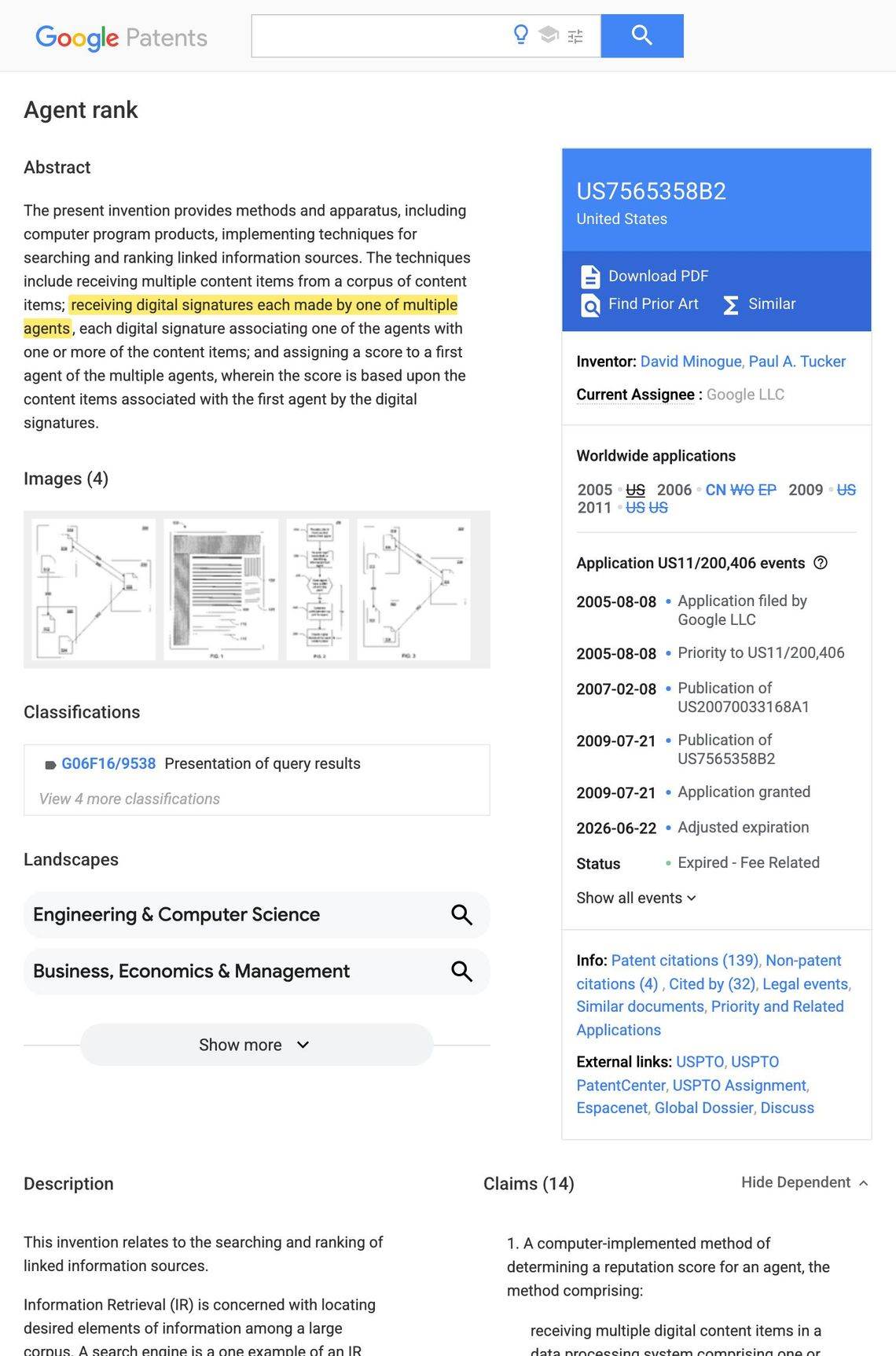 Google Patents record for US Patent 7,565,358 B2, Agent Rank, granted July 21, 2009, assignee Google LLC, with the abstract sentence about digital signatures made by agents highlighted in yellow