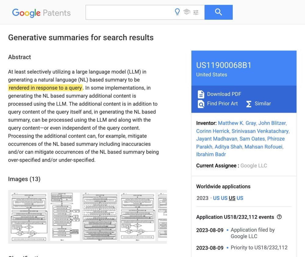 Google patent US 11,900,068 B1 Generative Summaries for Search Results, the LLM summary claim highlighted