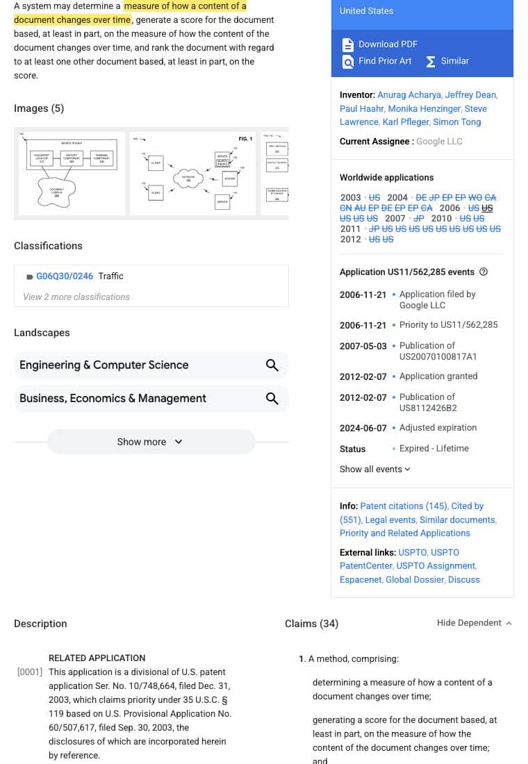 Screenshot of Google Patents page for US 2007/0100817 A1 Document Scoring Based on Document Content Update, assignee Google LLC, with the phrase measure of how a content of a document changes over time highlighted in yellow