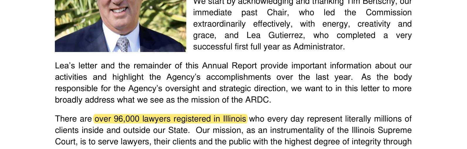 ARDC 2024 Annual Report foreword highlighting over 96,000 lawyers registered in Illinois
