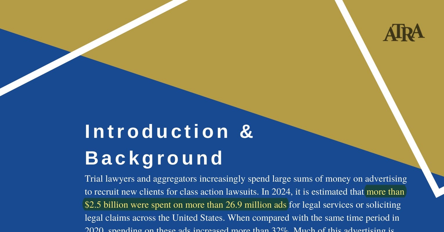 ATRA report page highlighting more than 2.5 billion dollars spent on more than 26.9 million legal services ads in 2024