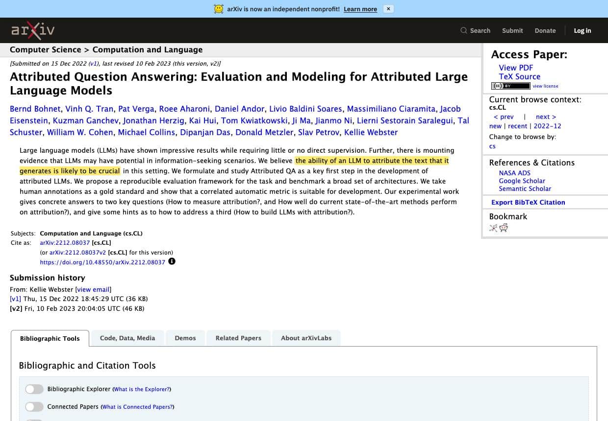 arXiv abstract page for Attributed Question Answering by Bohnet and colleagues at Google Research with the sentence about LLM attribution being crucial highlighted in yellow