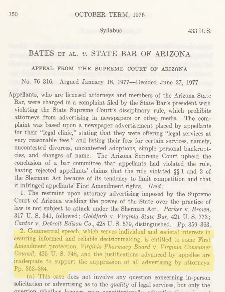 Syllabus of Bates v. State Bar of Arizona, 433 U.S. 350, with the commercial speech holding highlighted